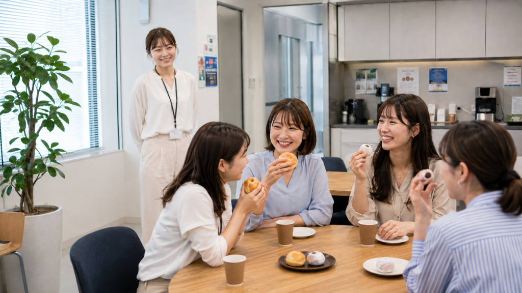 女性社員たちが休憩室でおやつ休憩をとっている。