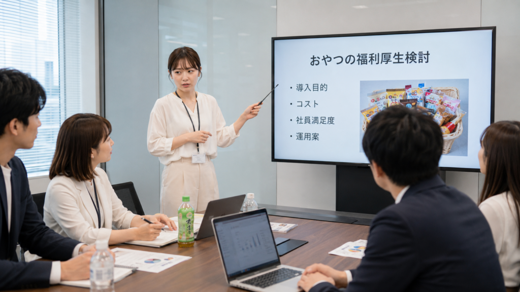 食事の福利厚生の社内提案をする女性社員